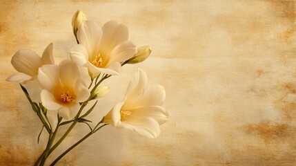 Obraz premium A vintage-inspired freesia still life, with golden hues and soft lighting, isolated on an antique parchment background