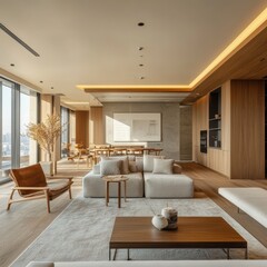 Fototapeta premium A modern and spacious living room with integrated furniture