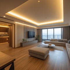 Interior shot of a modern luxury living room with ambient lighting
