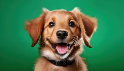 Isolated Happy Puppy Dog on Green Background Expressing Joy and Vibrancy with a Pop of Playful Energy in an Idyllic Setting