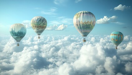 Obraz premium Colorful Hot Air Balloons Soaring Above a Sea of Clouds Under a Bright Blue Sky