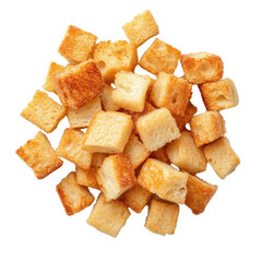 Freshly baked croutons, golden brown crunchy pieces, perfect for salads and soups, adds texture and flavor enhancement. Isolated on white background or PNG