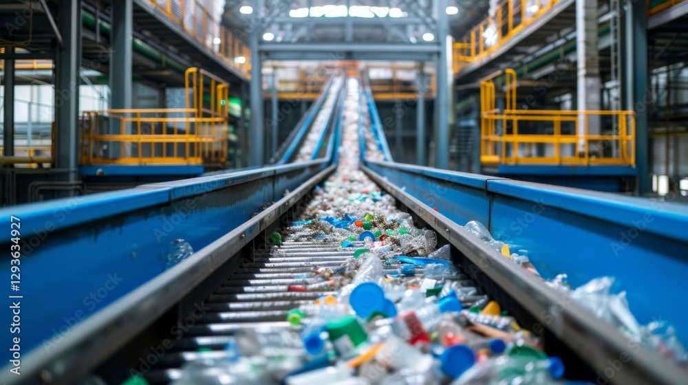 Fototapete plastic bottles and containers are being transported along a conveyor belt in a recycling facility, 