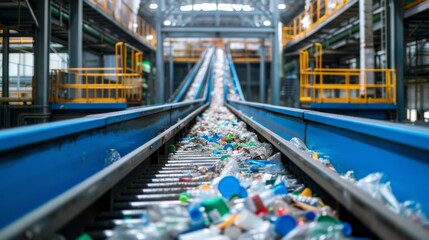 Plastic bottles and containers are being transported along a conveyor belt in a recycling facility, where they are sorted for processing. The industrial space is bright and functional.