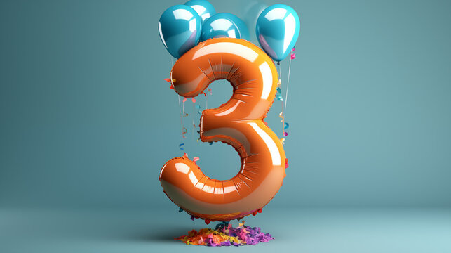 Ballon de baudruche en forme de 3, chiffre et lumi&egrave;re. 3 ans. Anniversaire, f&ecirc;te, c&eacute;l&eacute;bration. Pour conception et cr&eacute;ation graphique.