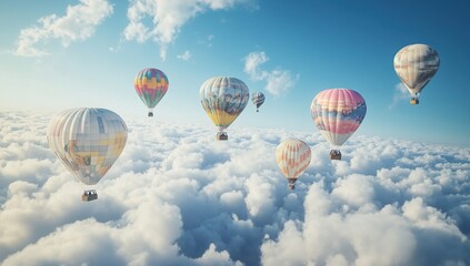 Fototapeta premium Colorful Hot Air Balloons Soaring Above a Sea of Clouds Under a Bright Sky