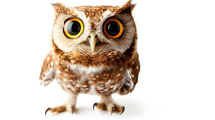 Naklejka premium A small brown owl with yellow eyes is staring at the camera