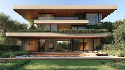 Modern Multilevel Home with Pool and Lush Greenery