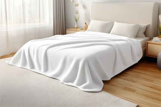 Soft and Cozy Blanket Mockup: A pristine white blanket is draped invitingly across a plush bed in a serene and modern bedroom, evoking a sense of calm and comfort.
