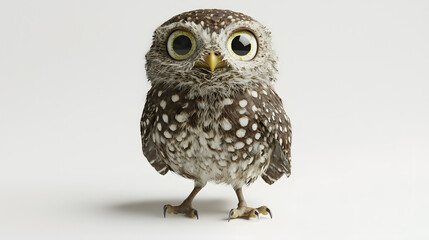 Fototapeta premium A cute owl with big eyes stands on a white background