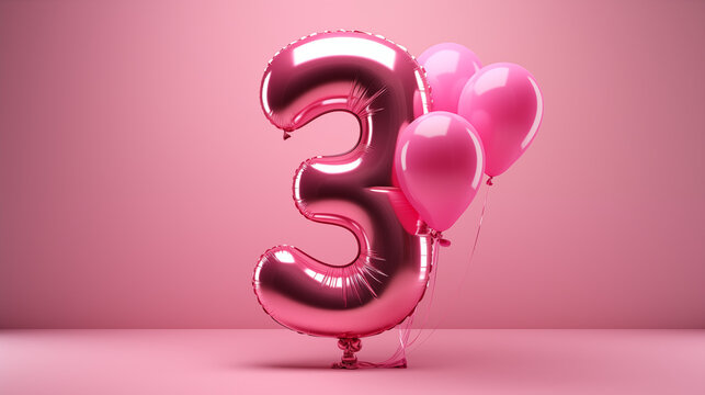 Ballon de baudruche en forme de 3, chiffre et lumi&egrave;re. 3 ans. Anniversaire, f&ecirc;te, c&eacute;l&eacute;bration. Pour conception et cr&eacute;ation graphique.