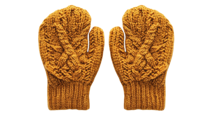 Warm knitted mittens in vibrant golden color for winter outings and outdoor activities