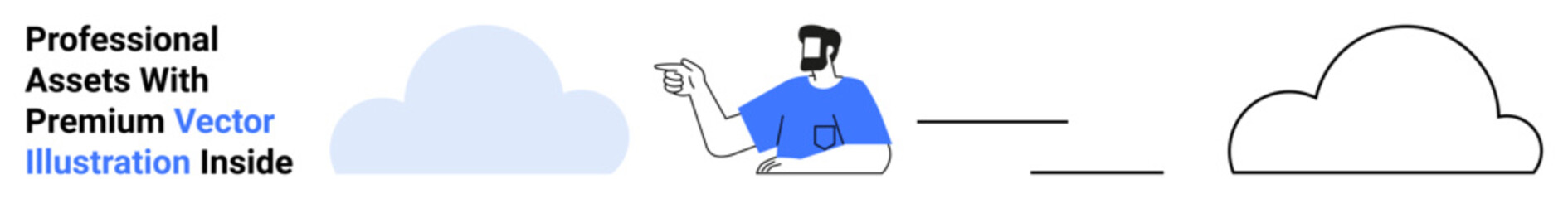 Man pointing at cloud design, mixing solid and outlined visual elements. Ideal for technology, cloud computing, teamwork, software, education, presentation, flat landing page banner