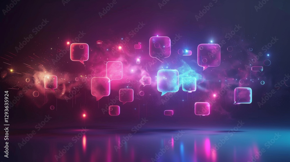Poster A captivating display of floating speech bubbles in various colors against a dark background, showcasing dynamic lighting and an abstract feel, evoking communication and connection.
