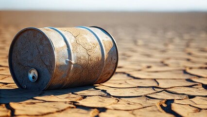 A rusty barrel lies on cracked, dry earth, symbolizing environmental degradation and the impact of climate change.