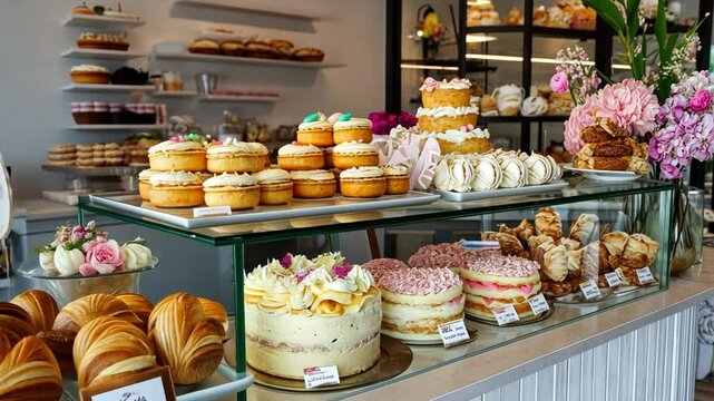 Sweet Delights: A tempting display of artisanal cakes, pastries, and baked goods filling a bakery, with focus on freshness and quality. 