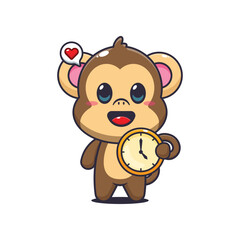 Monkey cartoon vector illustration with clock