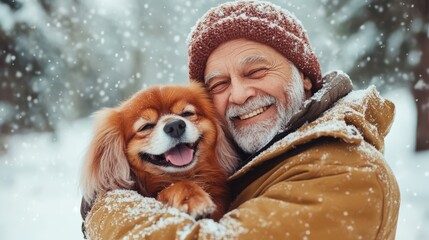 Fototapeta premium Happy senior man hugs his dog in the snow