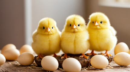 Three fluffy baby chicks with eggs on wooden surface