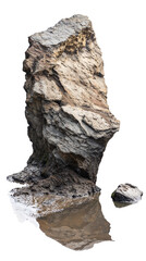 Large rock with water reflection on transparent background