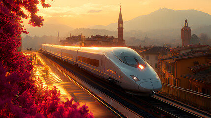 Naklejka premium High-Speed Journey: A sleek, modern train streaks across a scenic cityscape during a breathtaking sunset.