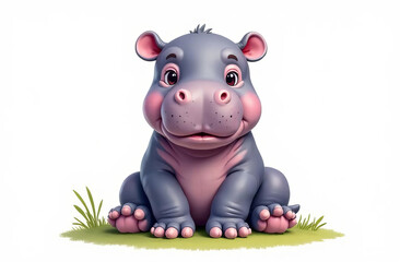 Fototapeta premium Drawing a sweet little cub of a hippo sitting on the grass, a white background