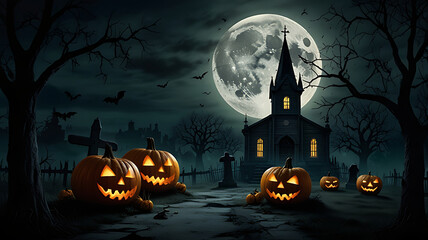 A spooky Halloween scene featuring glowing jack-o'-lanterns