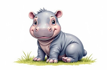 Fototapeta premium Drawing a sweet little cub of a hippo sitting on the grass, a white background