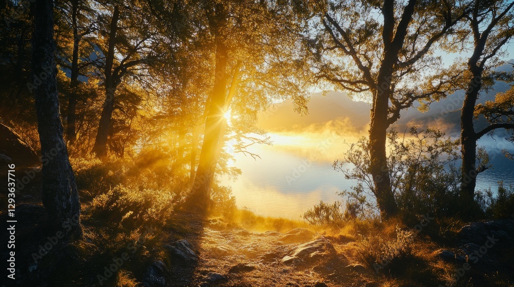 Aufkleber sunlight streaming through dense forest by misty lake, warm colors. nature serenity and tranquility 