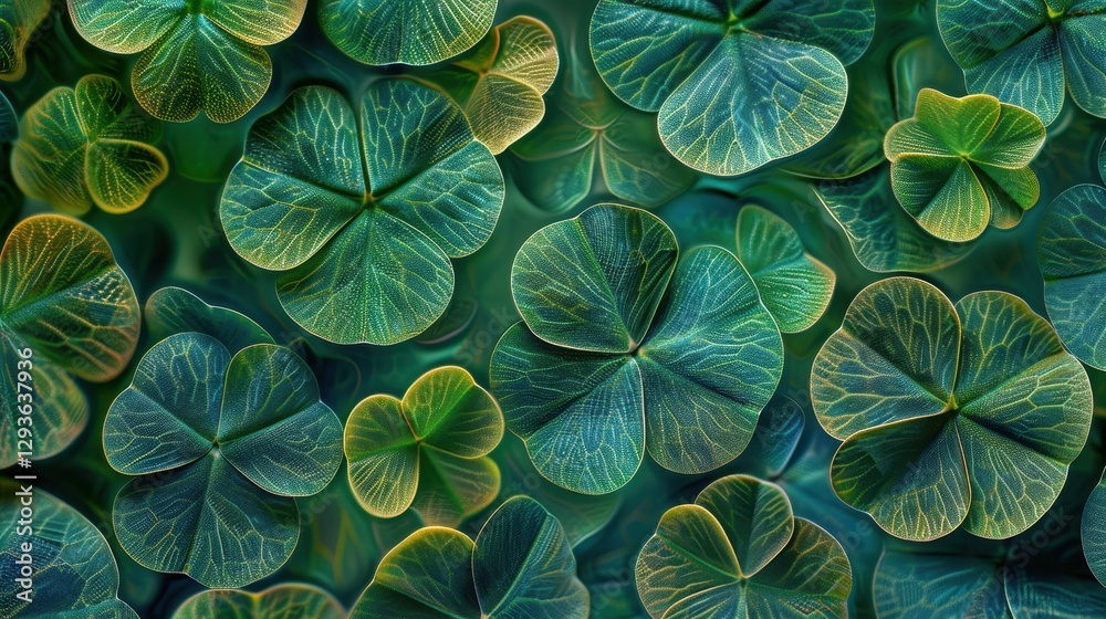 Aufkleber Close-up view of vibrant green clover leaves with intricate details, creating a lush and textured natural background