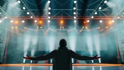 Fototapeta premium A performer stands on stage, arms outstretched, illuminated by bright lights, creating an atmosphere of anticipation and excitement.