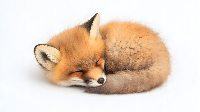 A baby fox is sleeping on a white background