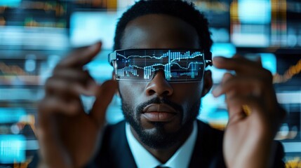 A focused young Black male analyst wearing futuristic smart glasses, analyzing digital data trends in a high-tech financial environment, showcasing advanced technology and professionalism.