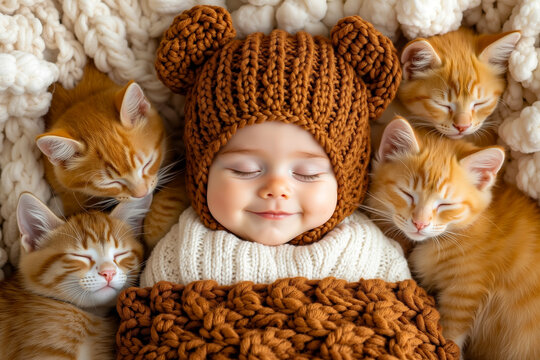 A baby in a knitted bear hat surrounded by three kittens - Powered by Adobe