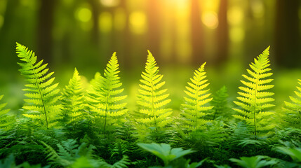 Forest Ferns Embrace the Sunlight: Lush green ferns bask in the sunlit embrace of a forest, with a radiant light filtering through the leaves.
