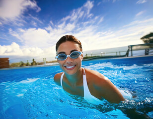A woman is smiling and wearing goggles while swimming in a pool