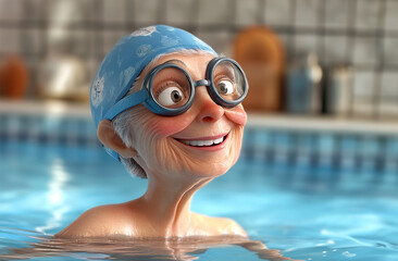 A cartoonish old man wearing a blue swim cap and goggles is smiling in a pool