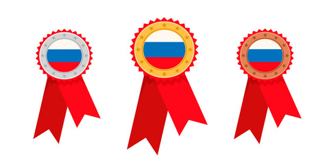 Set of medals with national flag of Russia. Golden, silver and  bronze medals with red ribbon isolated on white background.