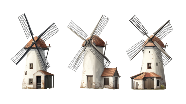 Three Rustic Windmills Rural Landscape Illustration old red isolated on transparent background