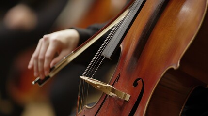Close-up of cellist's hand bowing cello.