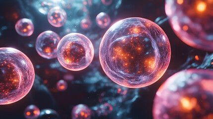 Cosmic Bubbles: Abstract and artistic depiction of glowing bubbles floating in an ethereal cosmos, representing concepts of the universe, multiverse, and infinite possibilities.