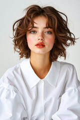 Fototapeta premium A woman wearing a white shirt and red lipstick