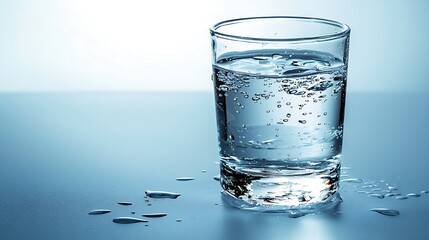 Glass of fresh water on wet surface, reflecting light, blue gradient backdrop, studio shot