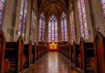 Fototapeta premium Exploring Grand Church Interior with Stained Glass Windows and Wooden Pews
