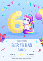 Invitations to a children's birthday party with a cute unicorn, confetti. 6th anniversary party, birthday, celebration, congratulations, invitation concept. Vector illustration.
