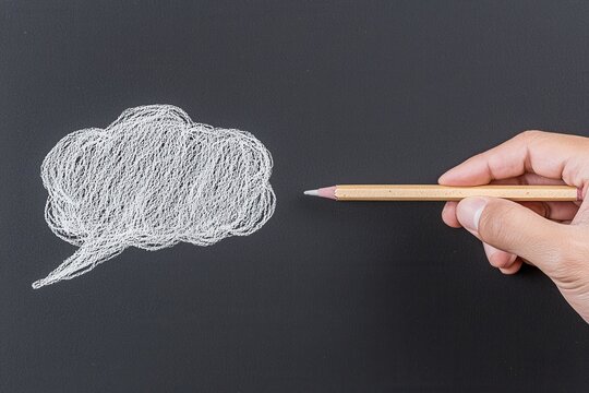 Hand Holding a Pencil Pointing to a Chalkboard Speech Bubble Illustrating Communication, Ideas, and Creative Expression, this Image Evokes Concepts of Dialogue, Thought, and Artistic Endeavor