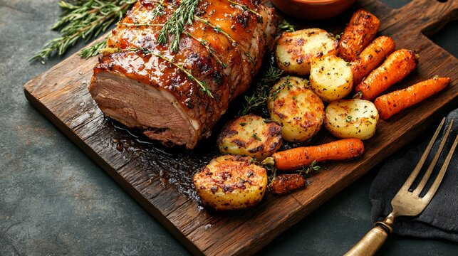 Rustic farmhouse-style roast pork with an apple cider glaze, roasted heirloom carrots, and crispy smashed potatoes, placed on a wooden cutting board, natural stone backdrop