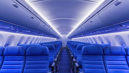 Fototapeta premium Airplane Cabin Interior with Blue Seats and Bright Lighting