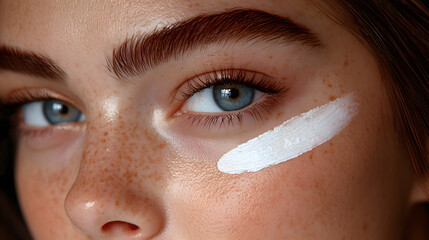 Fototapeta premium Glimmering Beauty: A close-up shot of a woman with stunning blue eyes and freckled skin, a touch of cream. The composition emphasizes the beauty and care in the face, perfect for beauty.