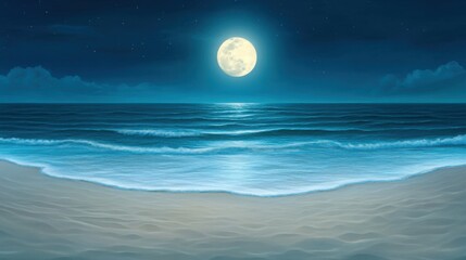 A peaceful beach at night, moonlight reflecting on gentle waves, creating a tranquil and soothing mood